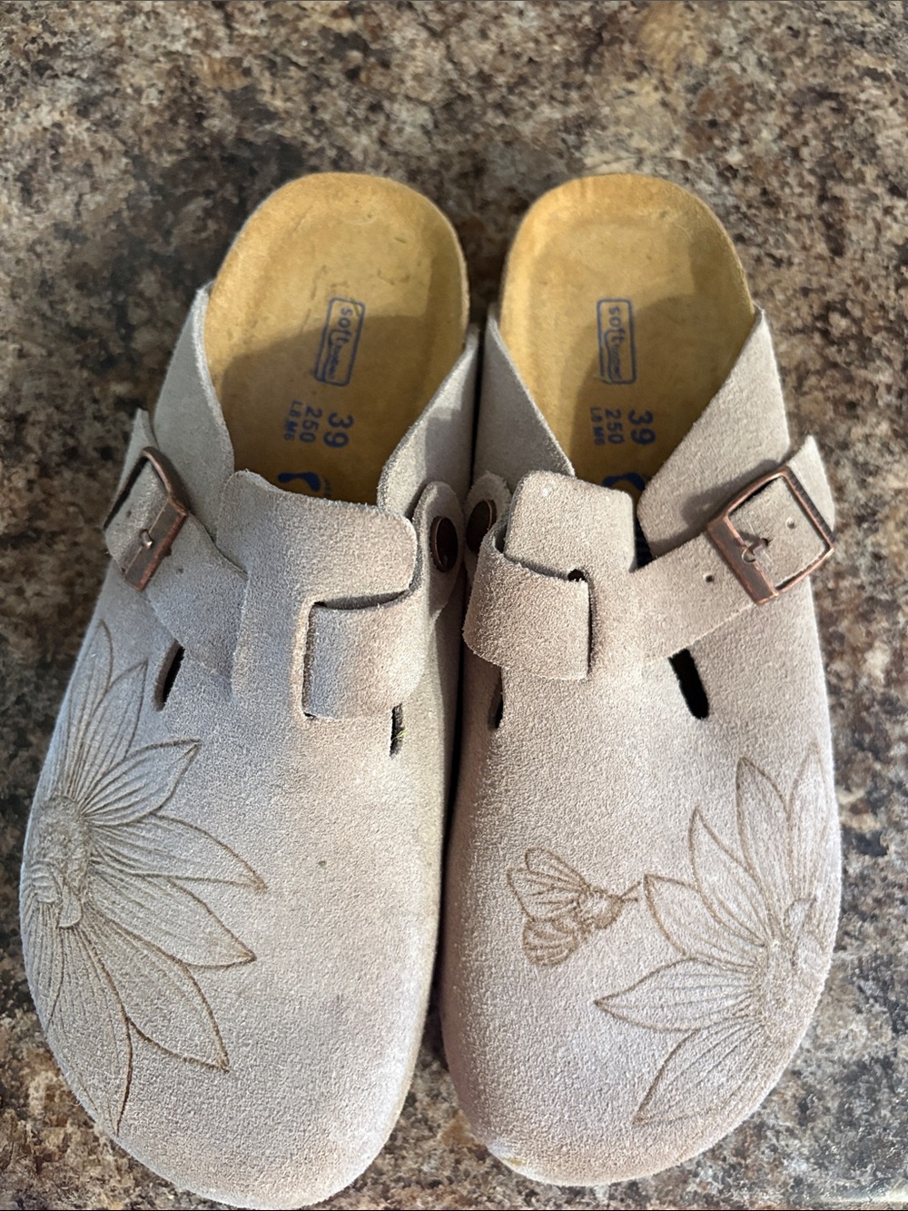 Birkenstock Suede Slip-On Clogs with leather tattoo design - Taupe